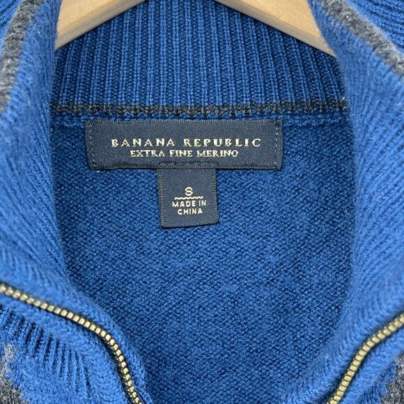 BANANA REPUBLIC Sweater Mens S Cardigan Extra Fine Wool Argyle Full Zip Blue - Picture 4 of 13